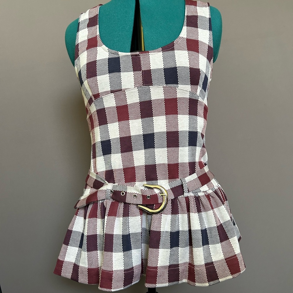 Maeve by Anthropologie Burgundy, Navy & Cream Plaid Sleeveless Peplum Top